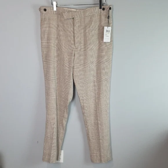 Reiss Linen Beige Cream Plaid Dress Pants 36x32